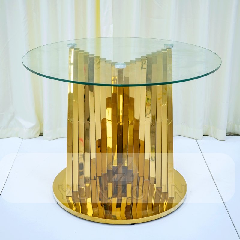 White Glass Wedding Display Cake Table with round Gold Nest Base Stainless Steel for Hotel Furniture