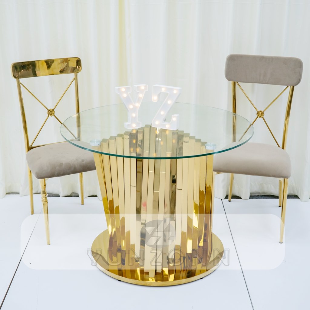 White Glass Wedding Display Cake Table with round Gold Nest Base Stainless Steel for Hotel Furniture