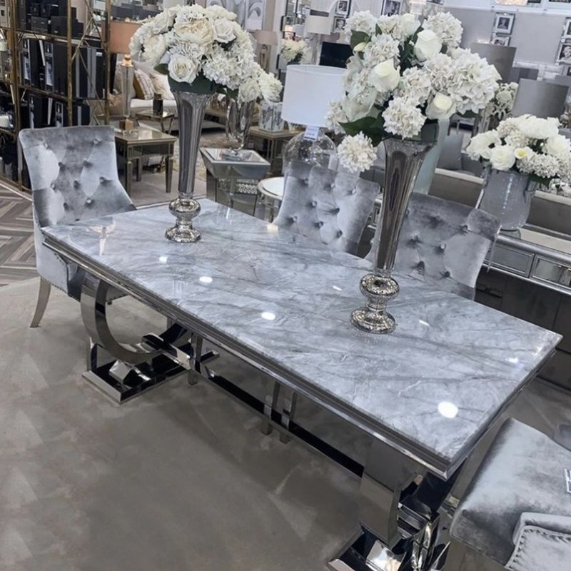 Fast selling home furniture stainless steel base rectangular marble top dining tables 6 chairs luxury dining table set in UK