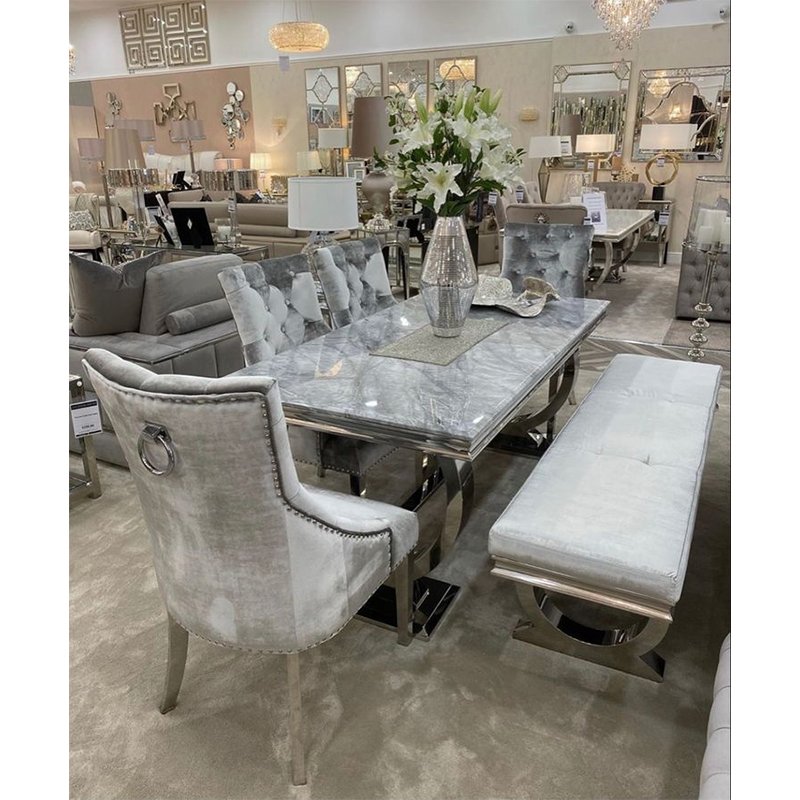 Fast selling home furniture stainless steel base rectangular marble top dining tables 6 chairs luxury dining table set in UK