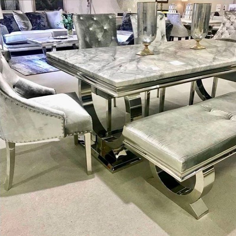 Fast selling home furniture stainless steel base rectangular marble top dining tables 6 chairs luxury dining table set in UK