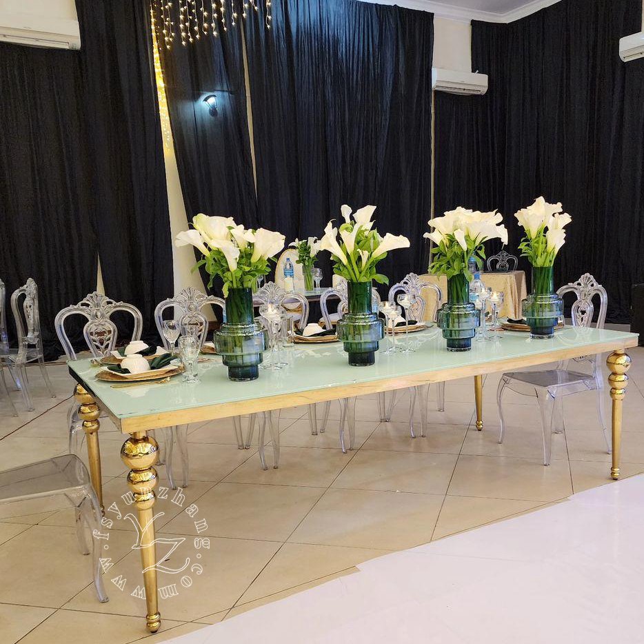 Luxury Modern Gold Wedding Chairs and Table Set Stainless Steel Event Banquet Hall Venue Furniture for Hotels and Dining