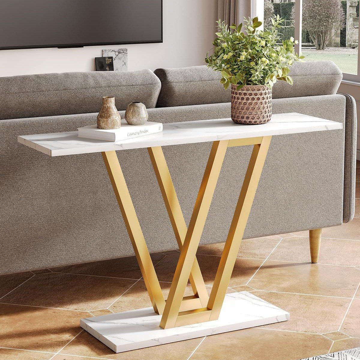 Factory Direct Metal Wooden Top Console Table Living Room Console Table Furniture Wooden Table with Gold Metal Frame