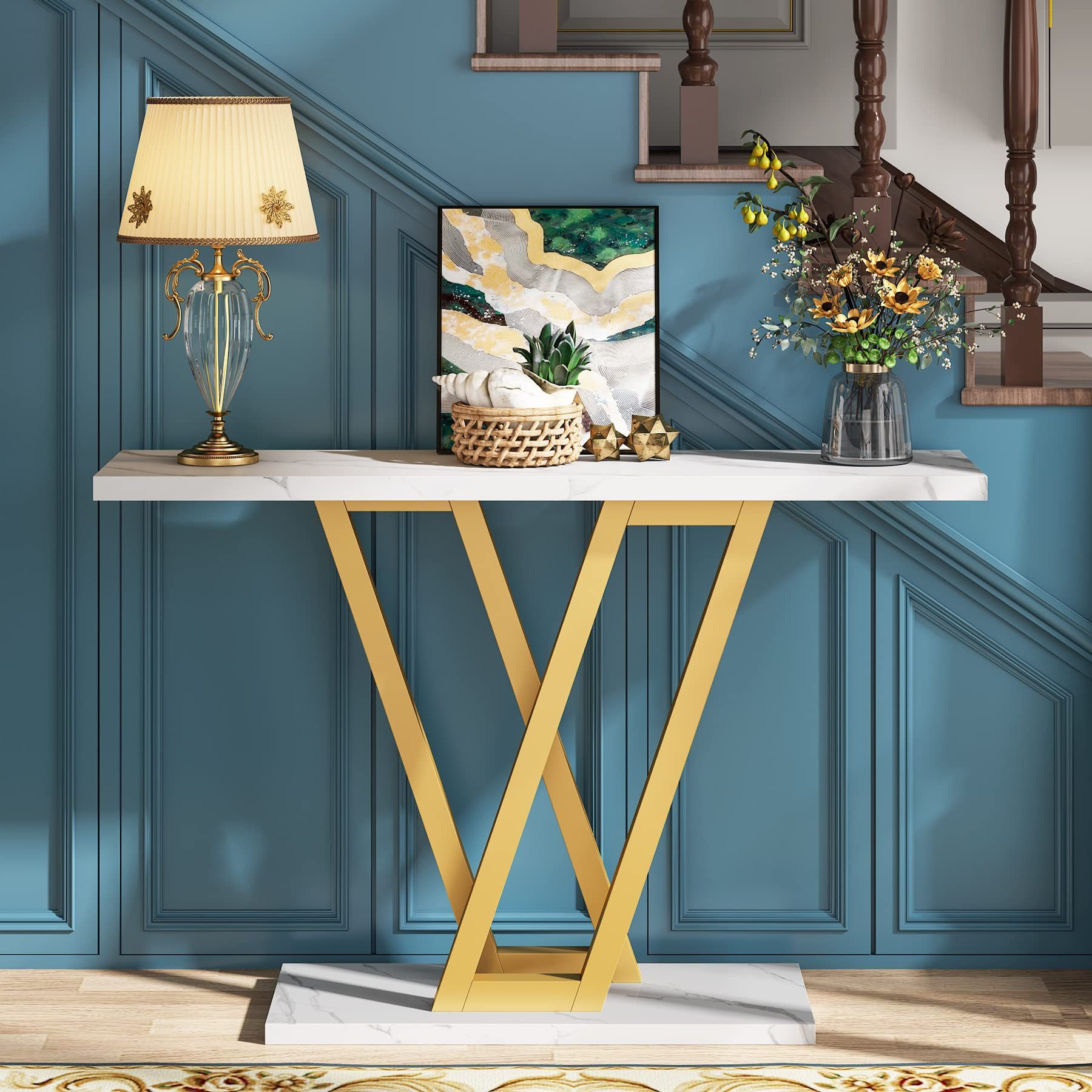 Factory Direct Metal Wooden Top Console Table Living Room Console Table Furniture Wooden Table with Gold Metal Frame