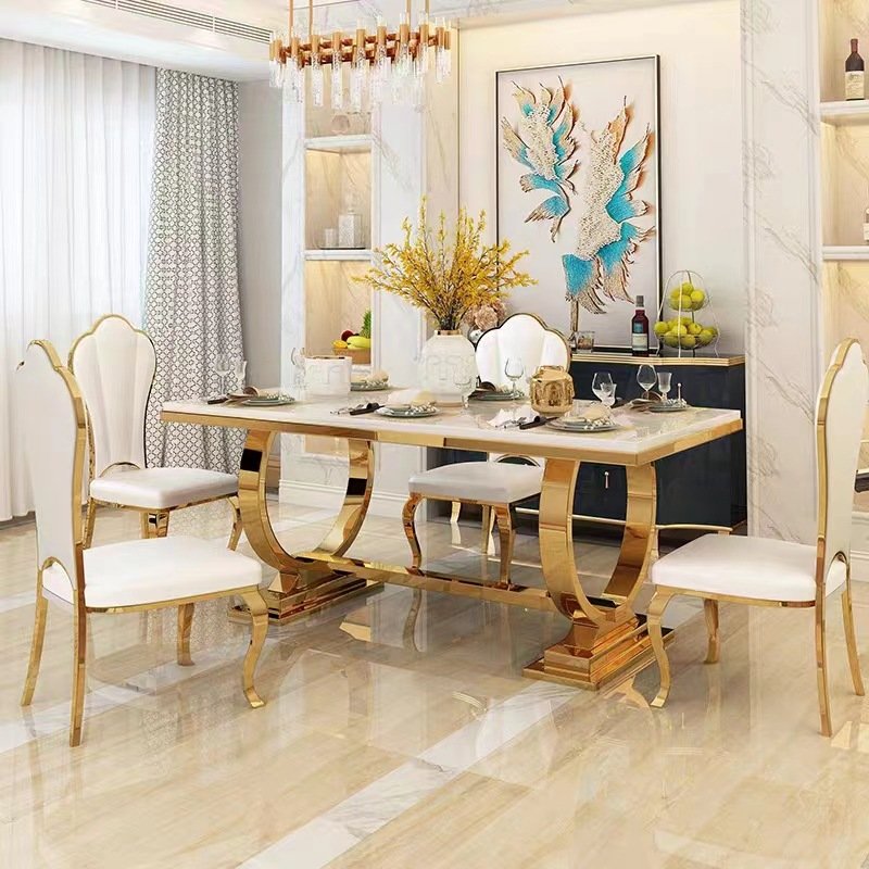 Modern simple light luxury marble living room rectangular home dining table and chair