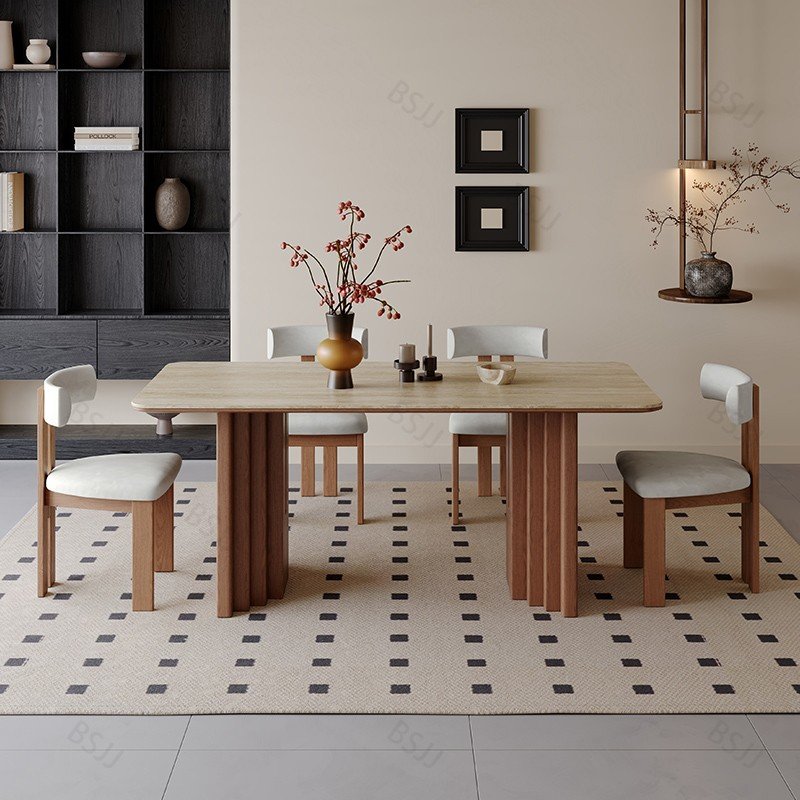 Dreamhause Modern Wooden Dining Table Set High Quality Home Furniture Natural Stone Top Solid Wood Leg Living Room Apartment Bar