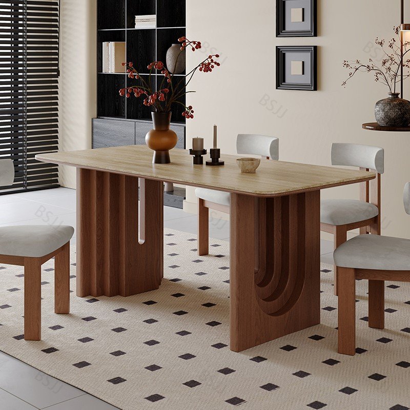 Dreamhause Modern Wooden Dining Table Set High Quality Home Furniture Natural Stone Top Solid Wood Leg Living Room Apartment Bar