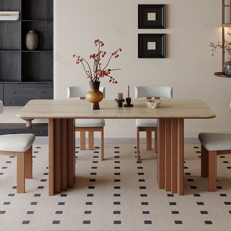 Dreamhause Modern Wooden Dining Table Set High Quality Home Furniture Natural Stone Top Solid Wood Leg Living Room Apartment Bar