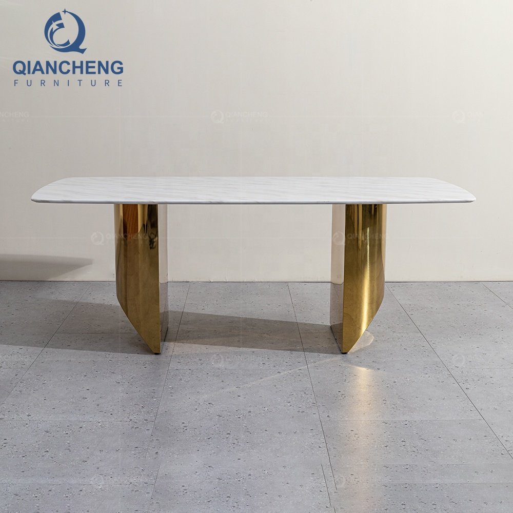 QIANCHENG european style golden dinning furniture set modern rectangle white real marble luxury dining room table