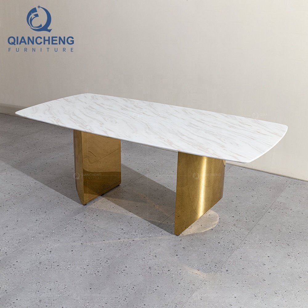 QIANCHENG european style golden dinning furniture set modern rectangle white real marble luxury dining room table