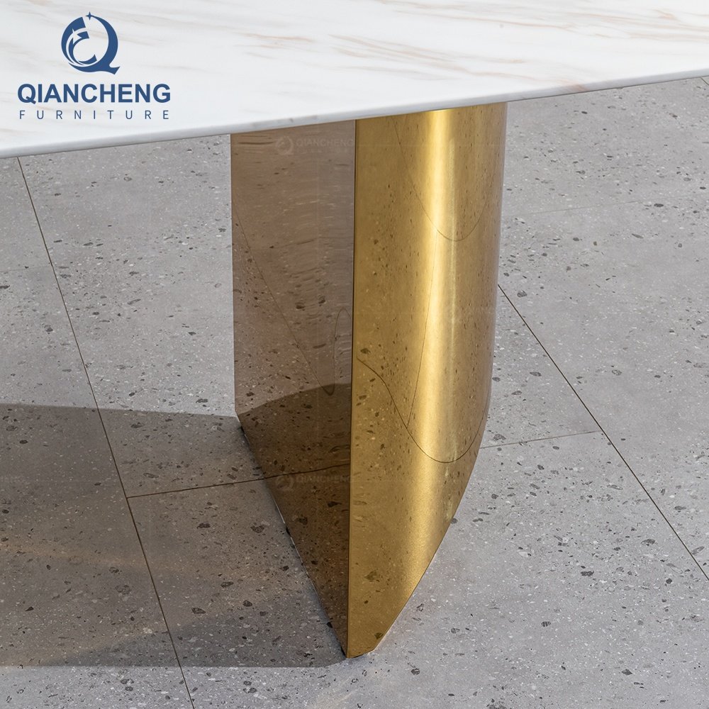 QIANCHENG european style golden dinning furniture set modern rectangle white real marble luxury dining room table