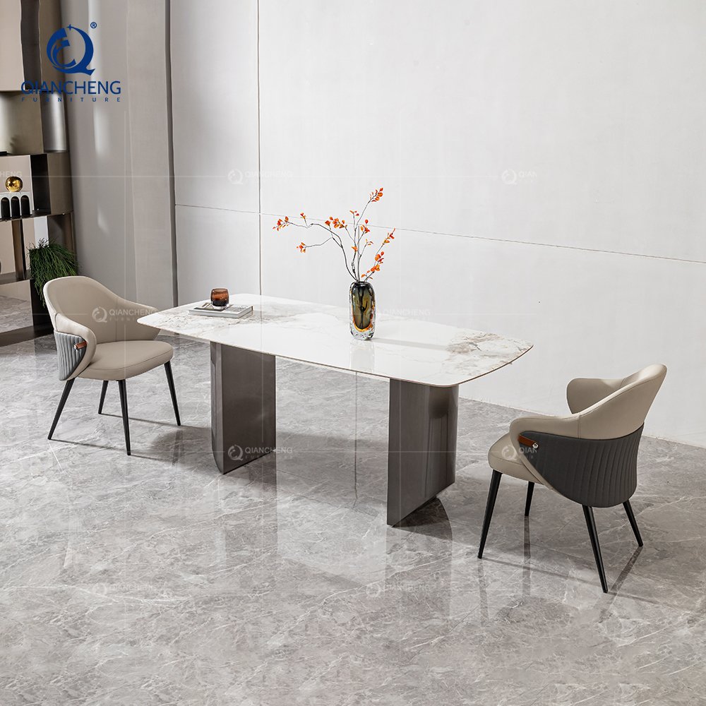 QIANCHENG european style golden dinning furniture set modern rectangle white real marble luxury dining room table