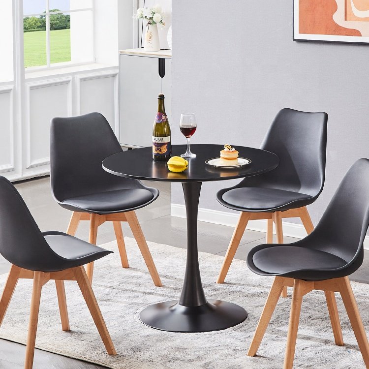 Factory wholesale Nordic Simple Black MDF PP Top easy install Design Small Round Tulip coffee dining table with metal base
