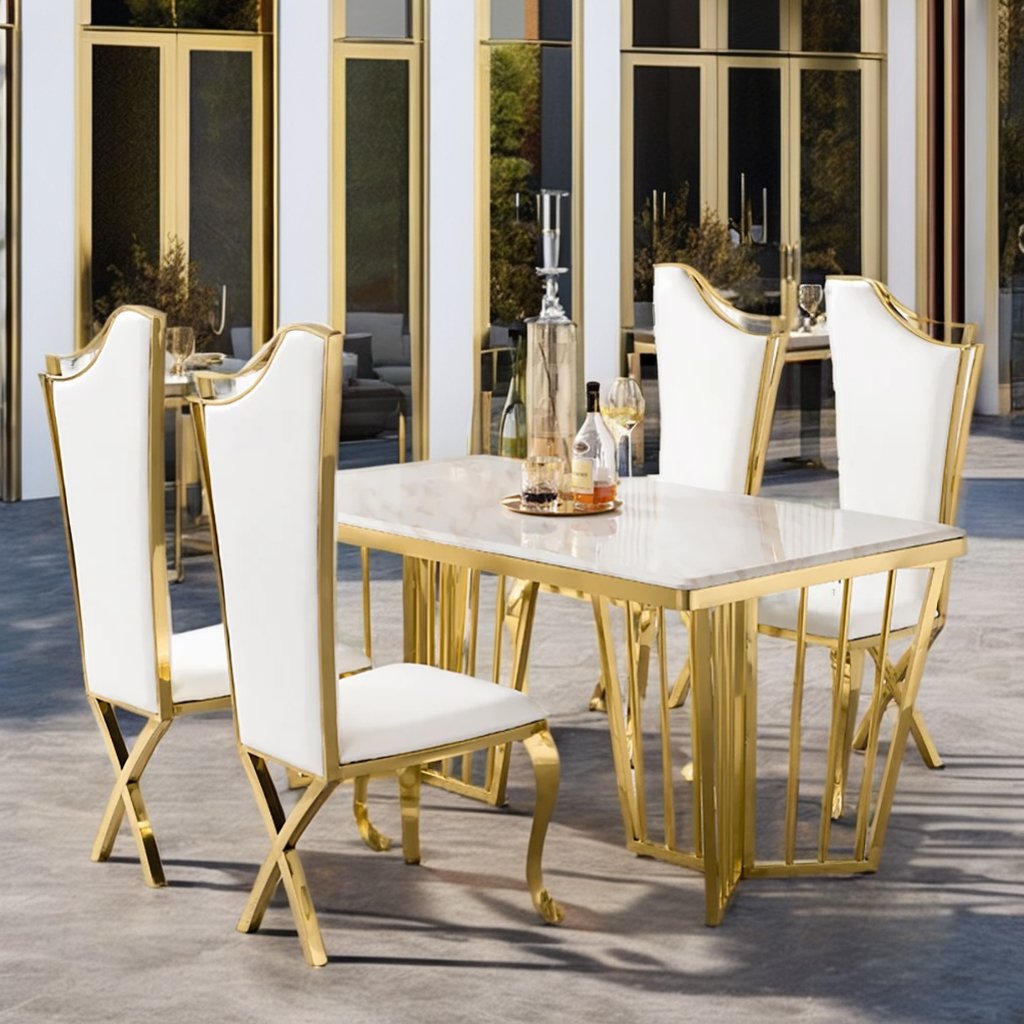 Luxury 6-Seater Live Edge Dining Table Complete Marble Top Modern Stainless Steel Mexican-Arab Furniture Minimalist Chair Set