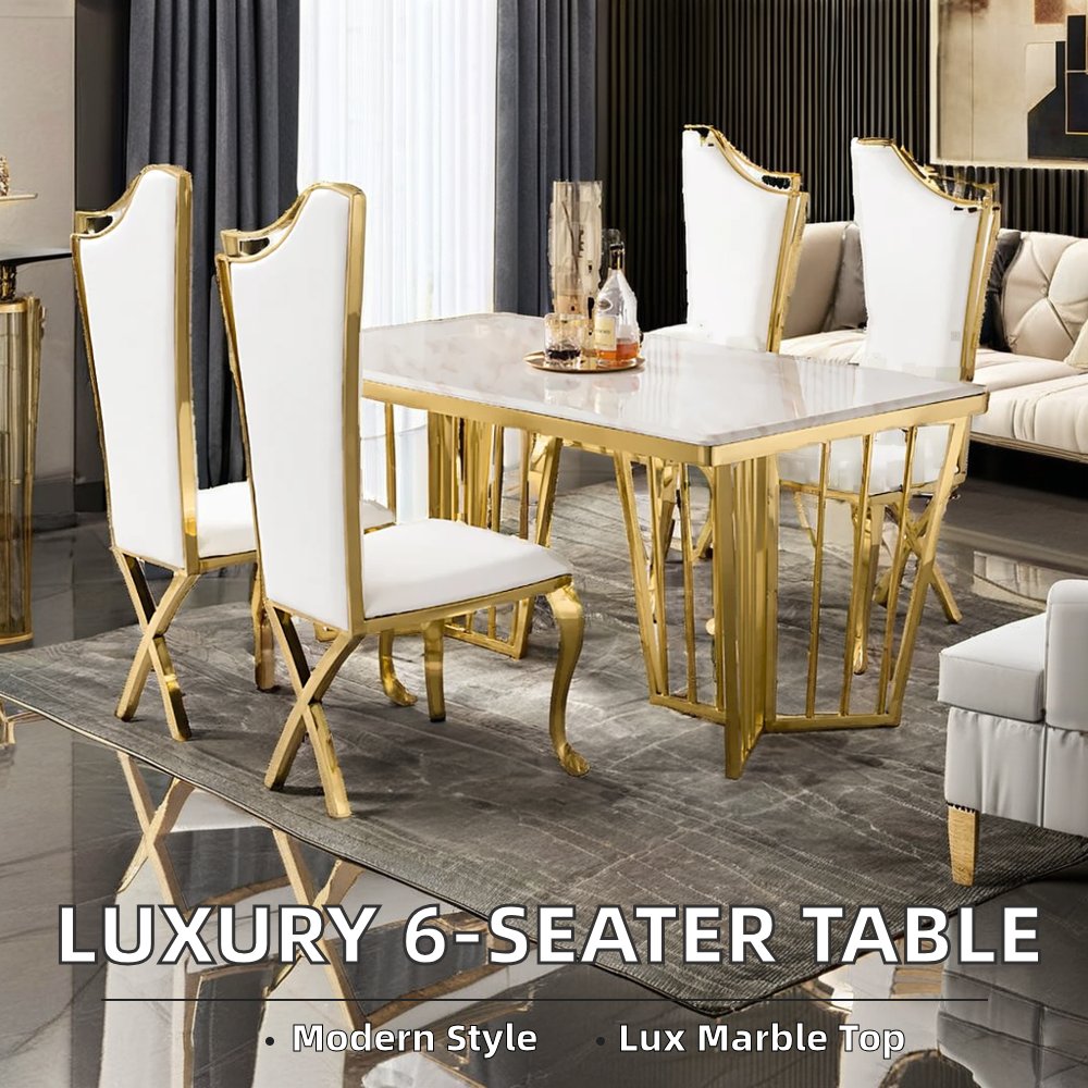 Luxury 6-Seater Live Edge Dining Table Complete Marble Top Modern Stainless Steel Mexican-Arab Furniture Minimalist Chair Set