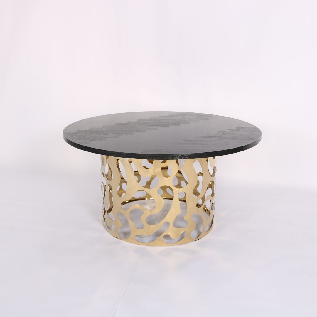 Luxury Modern Round MDF plywood Table with Hollow-Carved Gold Stainless Steel Base Wedding Banquet Event Table