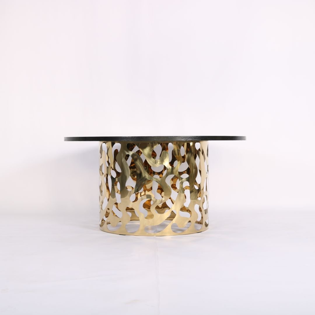 Luxury Modern Round MDF plywood Table with Hollow-Carved Gold Stainless Steel Base Wedding Banquet Event Table
