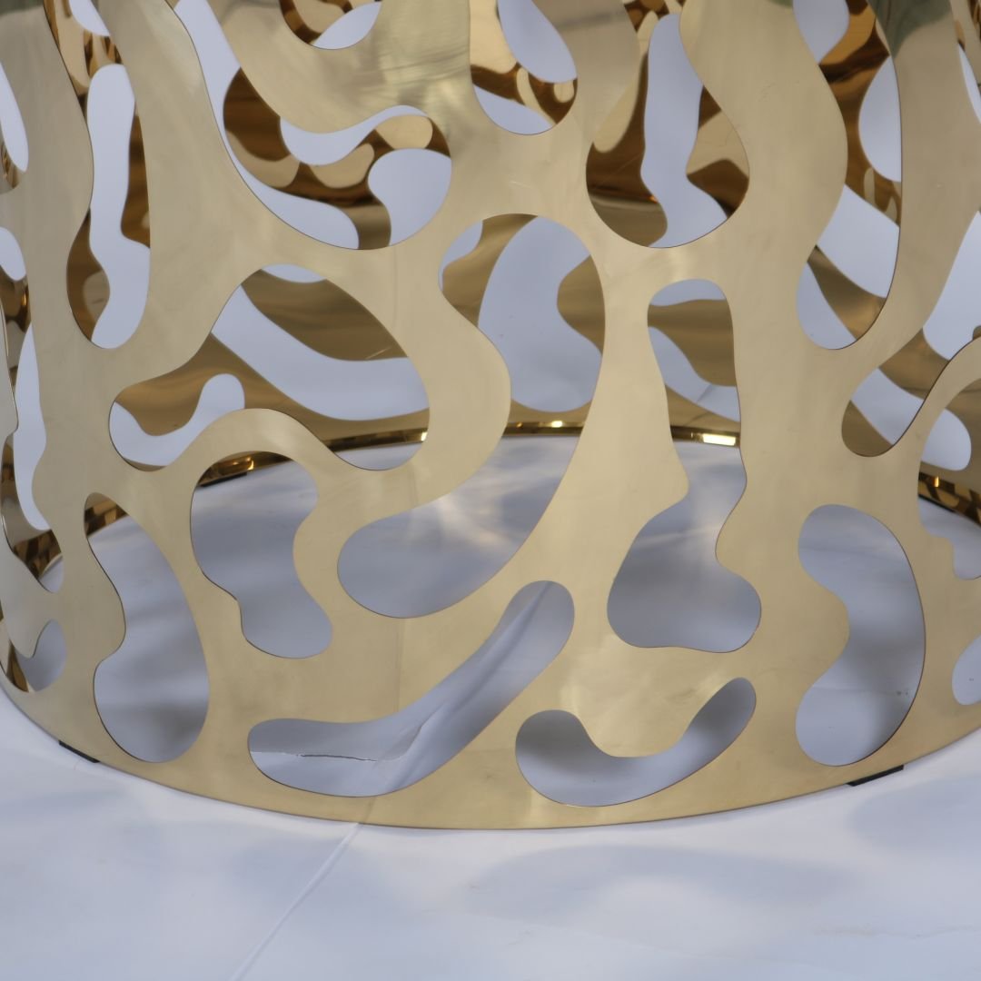 Luxury Modern Round MDF plywood Table with Hollow-Carved Gold Stainless Steel Base Wedding Banquet Event Table