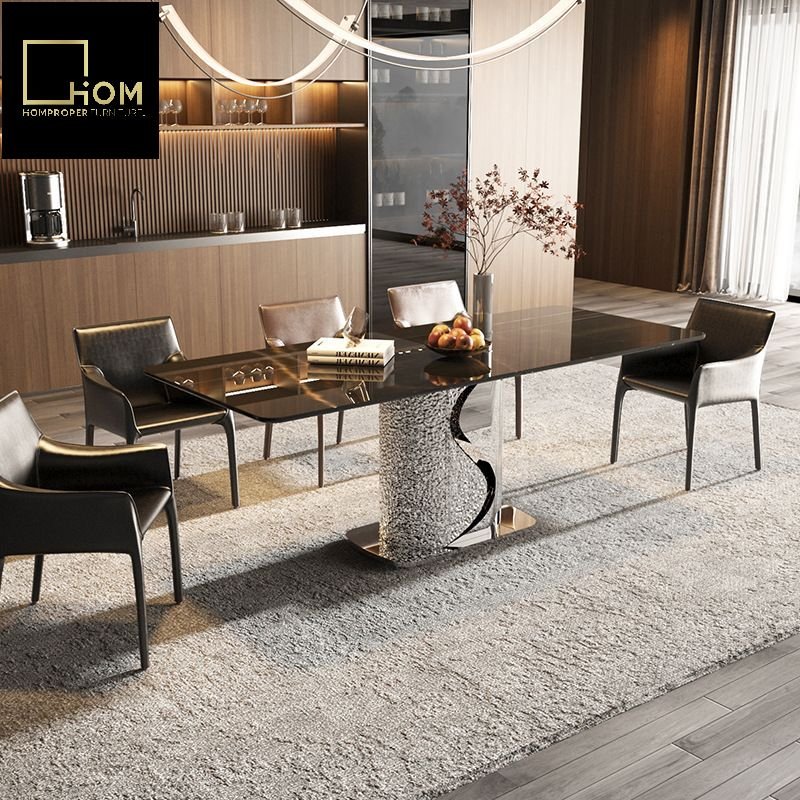 Light Luxury Rectangular Dining Table Stainless Steel Base Household Rock Plate Artificial Stone Multi-Person Household Rock