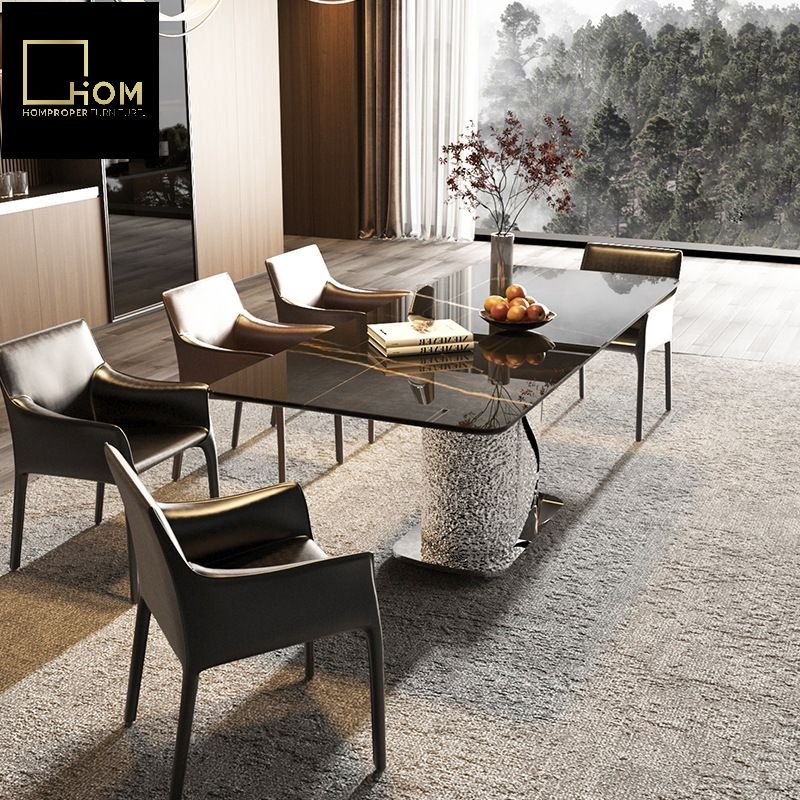 Light Luxury Rectangular Dining Table Stainless Steel Base Household Rock Plate Artificial Stone Multi-Person Household Rock
