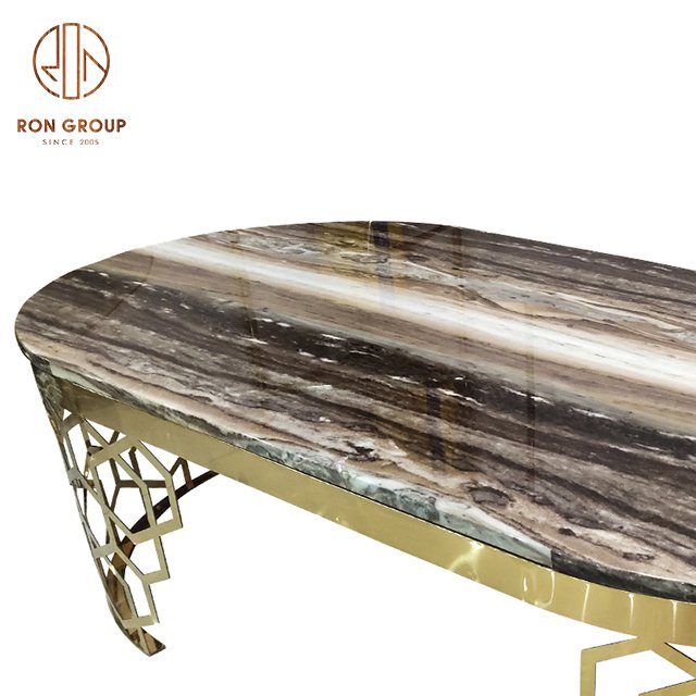 High Quality Luxury Mesas De Comedor Buffet Hotel Lobby Wedding Restaurant Furniture Gold Stainless Steel Marble Dining Table