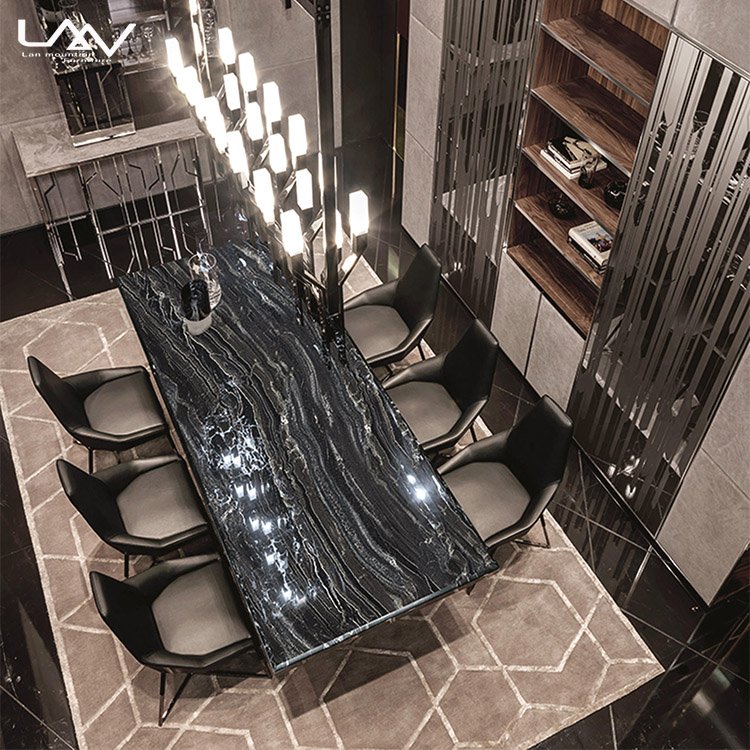 Hotel Villa Rectangular Silver 8 Seater Metal Frame Dining Table Italian Modern Luxury Marble Dinning Table Set Furniture