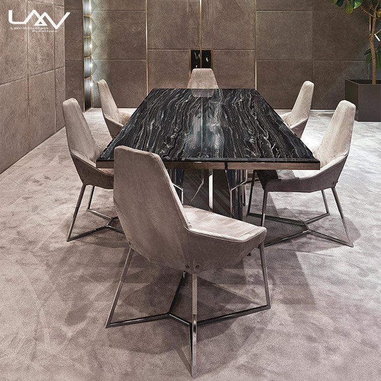 Hotel Villa Rectangular Silver 8 Seater Metal Frame Dining Table Italian Modern Luxury Marble Dinning Table Set Furniture