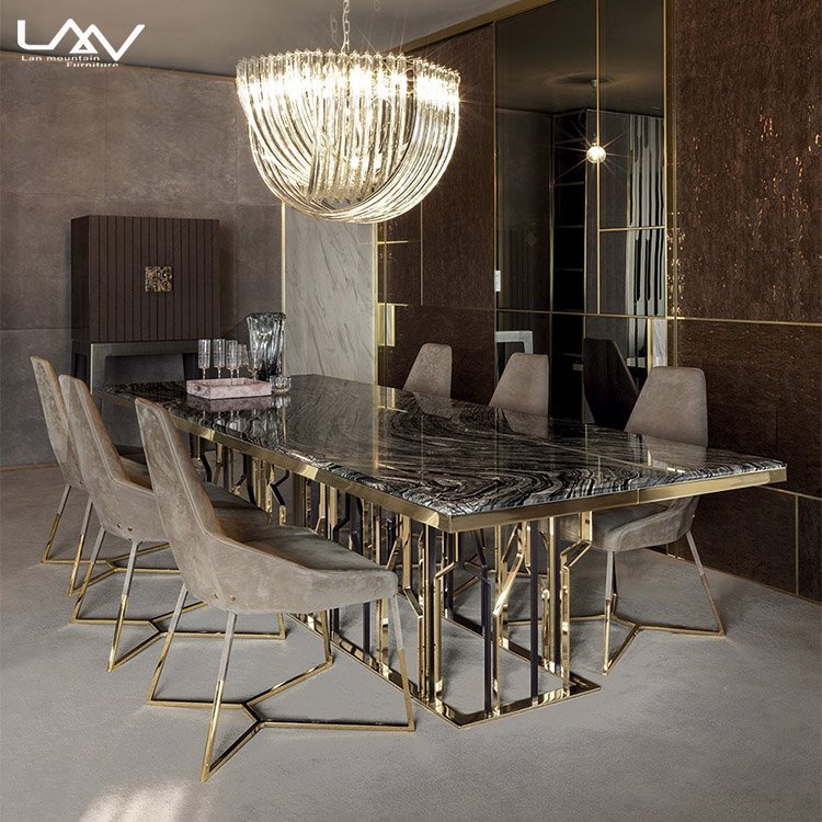 Hotel Villa Rectangular Silver 8 Seater Metal Frame Dining Table Italian Modern Luxury Marble Dinning Table Set Furniture