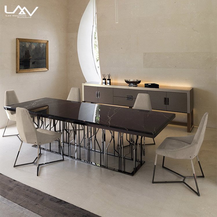Hotel Villa Rectangular Silver 8 Seater Metal Frame Dining Table Italian Modern Luxury Marble Dinning Table Set Furniture