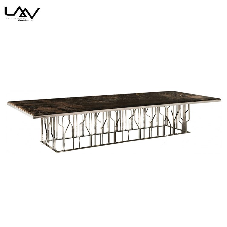 Hotel Villa Rectangular Silver 8 Seater Metal Frame Dining Table Italian Modern Luxury Marble Dinning Table Set Furniture