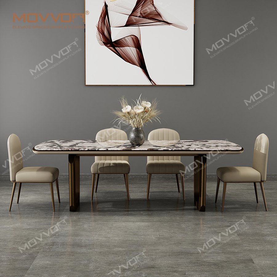 Italy design C shape stainless steel golden base rectangular marble table set luxury dining table and chairs