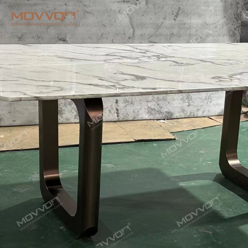 Italy design C shape stainless steel golden base rectangular marble table set luxury dining table and chairs
