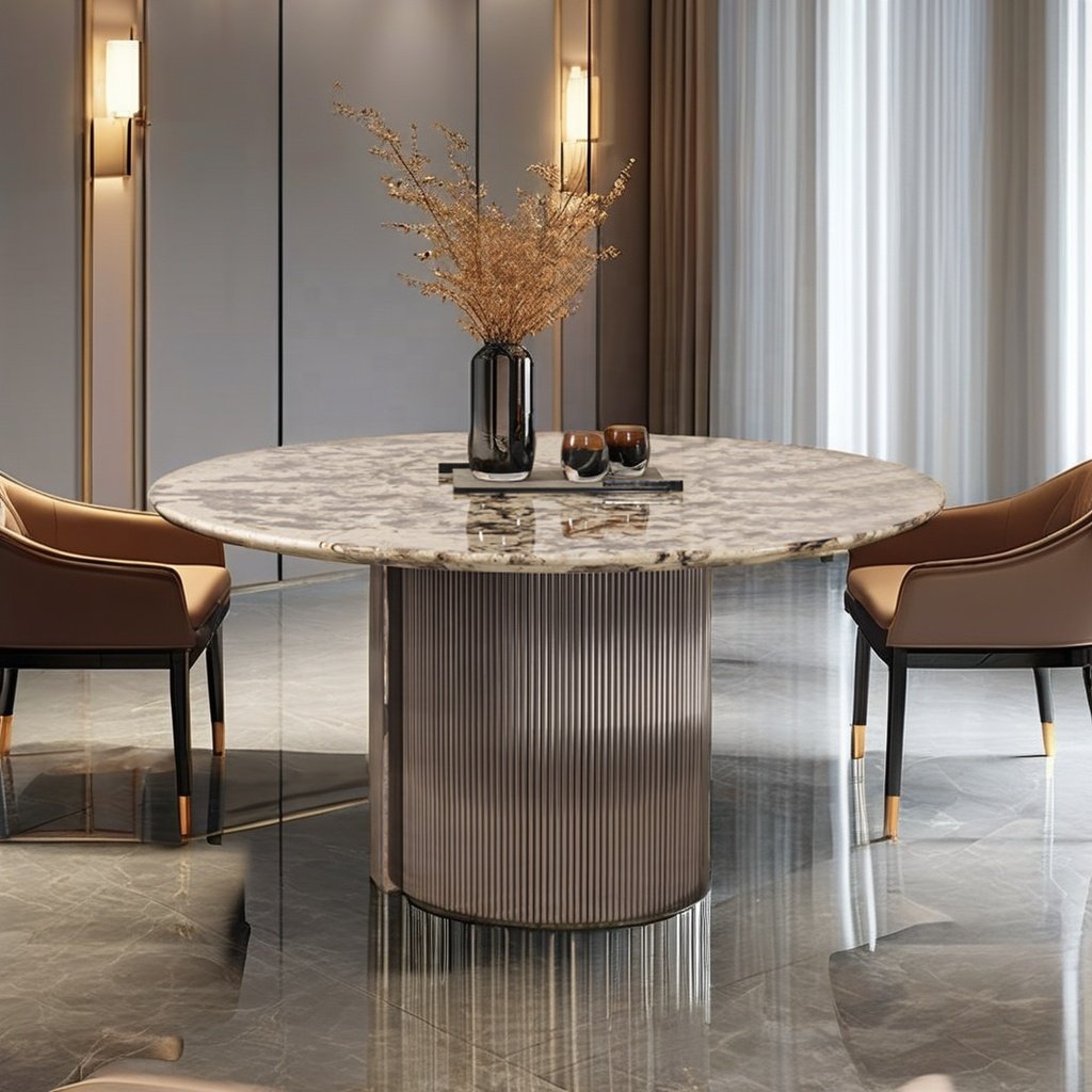 Wholesale Custom round Dining Table Set with Marble Top Stainless Steel for Home Apartment or Villa Runner Furniture Use 6