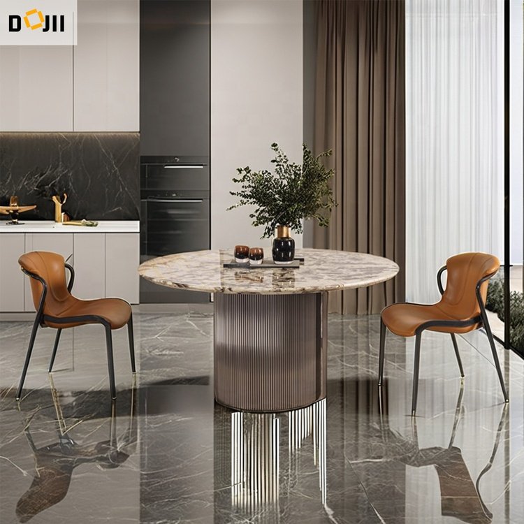 Wholesale Custom round Dining Table Set with Marble Top Stainless Steel for Home Apartment or Villa Runner Furniture Use 6