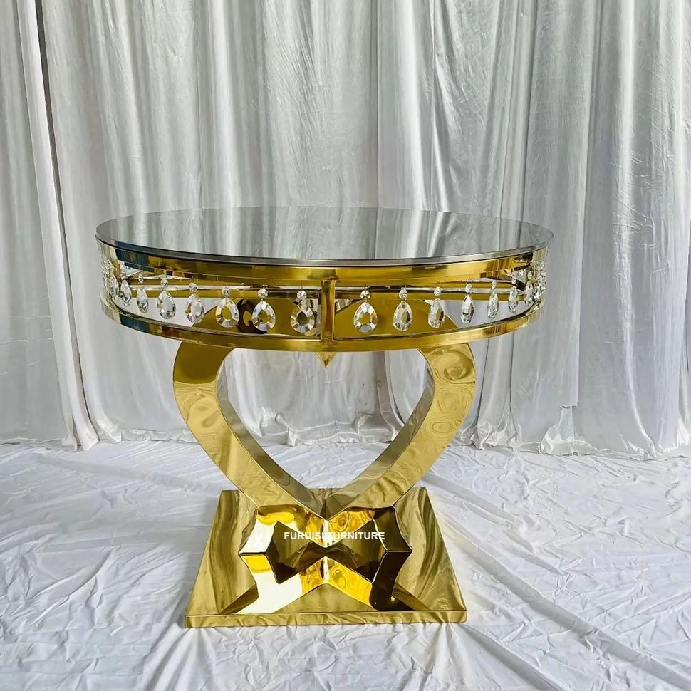 Crystal Cake Side Tables Gold Stainless Steel Wedding Round Mirror Cake Table For Wedding and Party