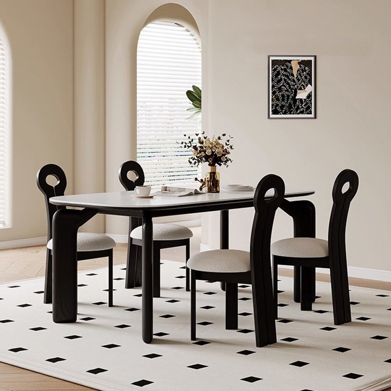 Large italian luxury rectangular Marble top dining table set Solid wood of Black dinning table and chair