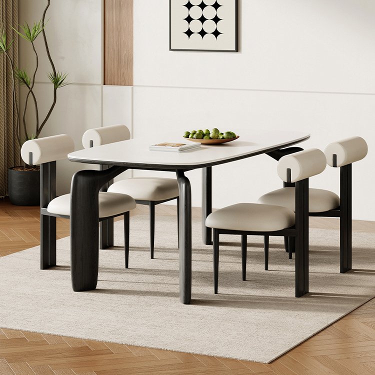 Large italian luxury rectangular Marble top dining table set Solid wood of Black dinning table and chair