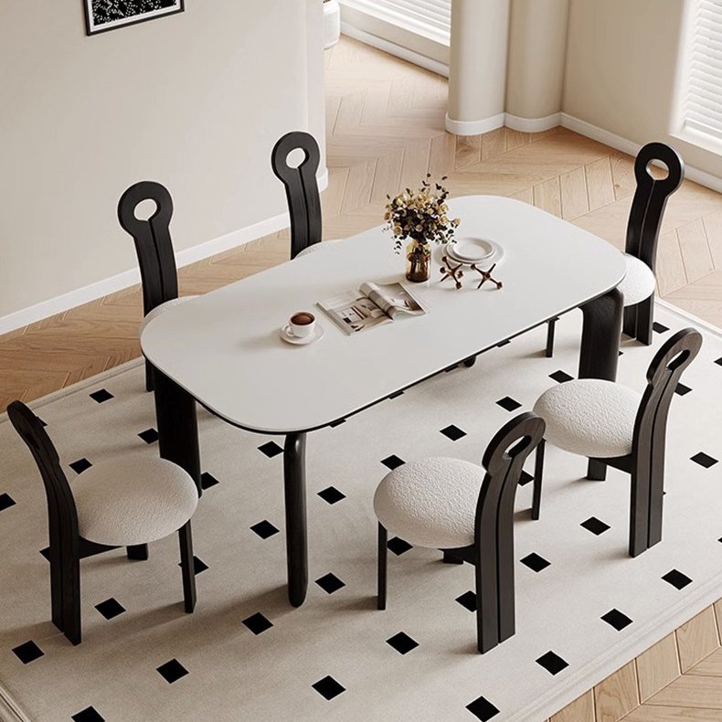 Large italian luxury rectangular Marble top dining table set Solid wood of Black dinning table and chair