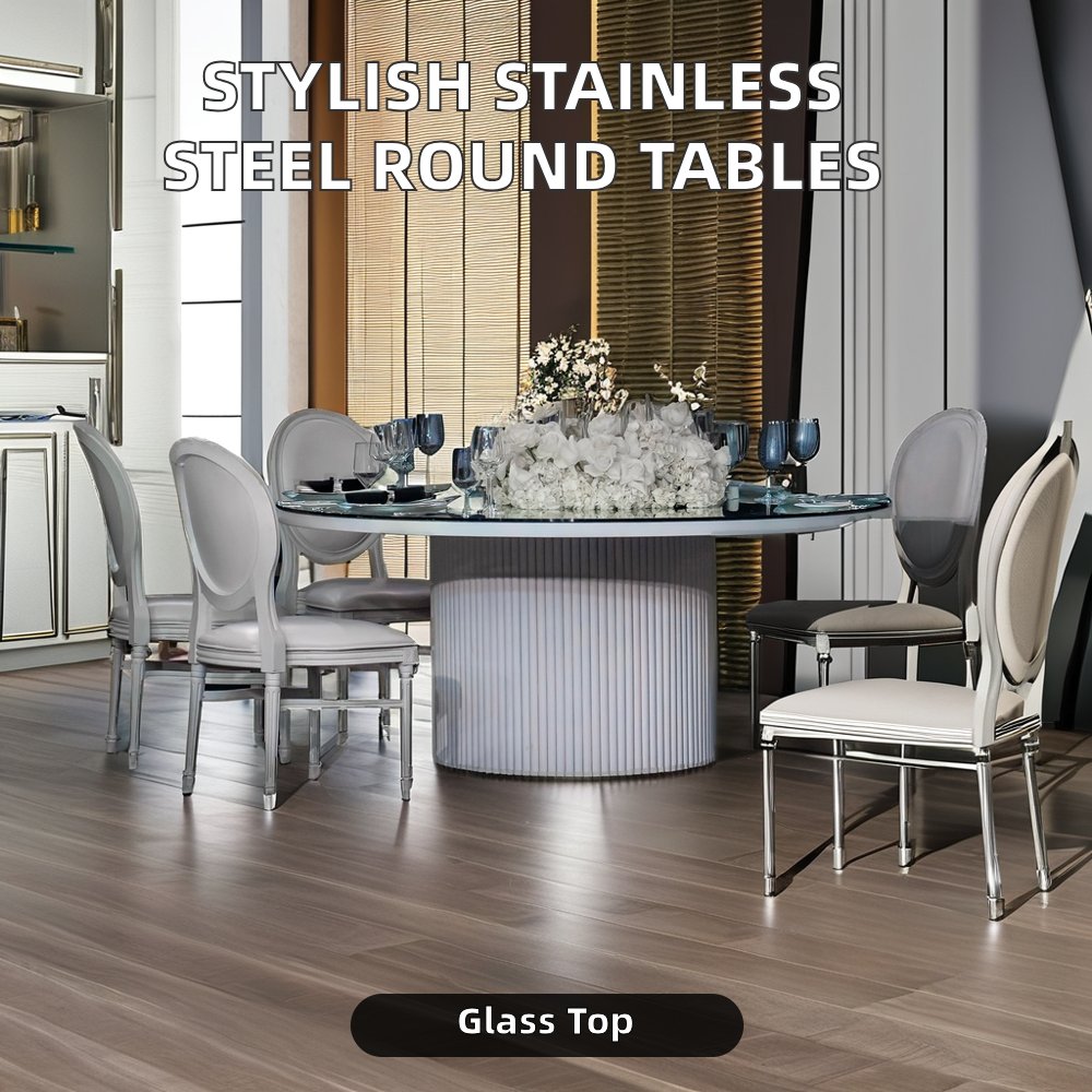 Hot Selling Modern round Tables Set Stainless Steel Mirror Wedding Decoration Guests Reception Furniture for Dining Outdoor Use