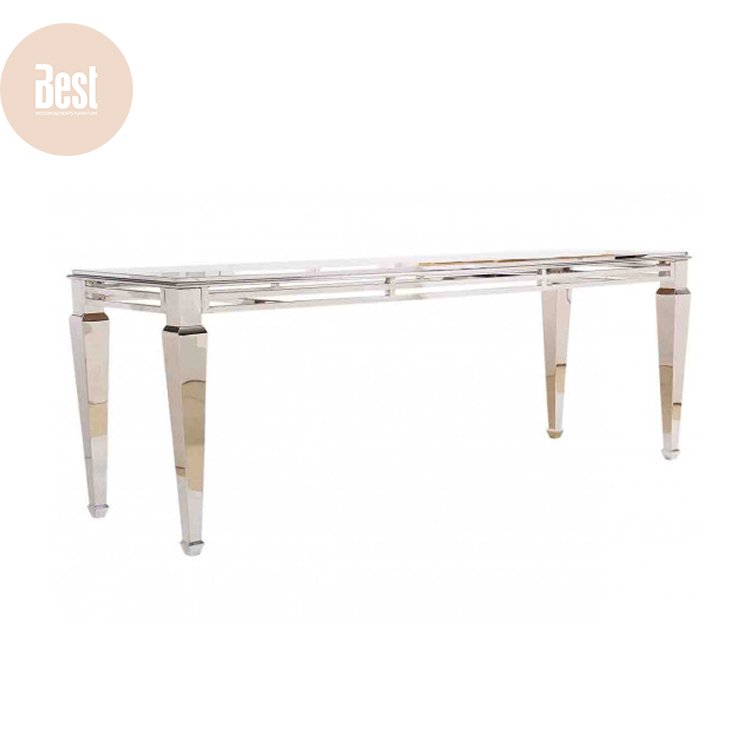 New Design Mdf Glass Top Event Decoration Stainless Steel Wedding Rectangle Dining Table