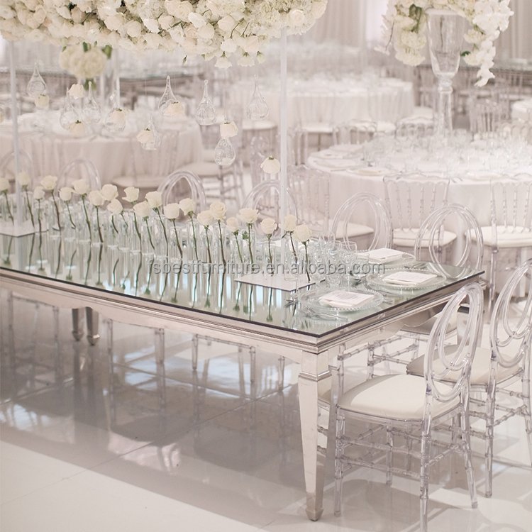 New Design Mdf Glass Top Event Decoration Stainless Steel Wedding Rectangle Dining Table