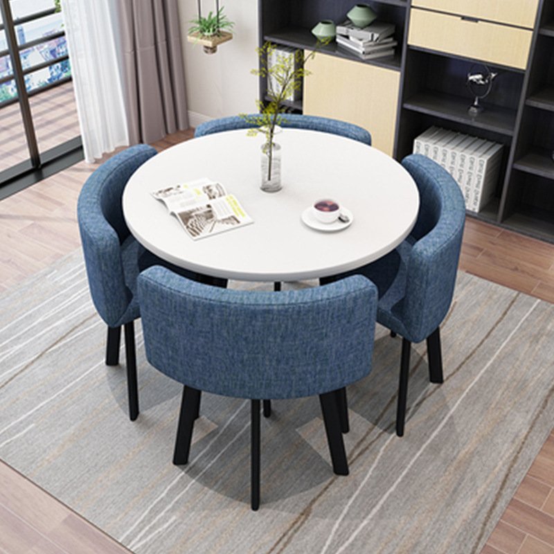 For Small Space 5Pcs Round Dining Table and Linen Fabric Chairs Set Modern for Home Restaurant Wooden Dining Table Set 4 Chairs