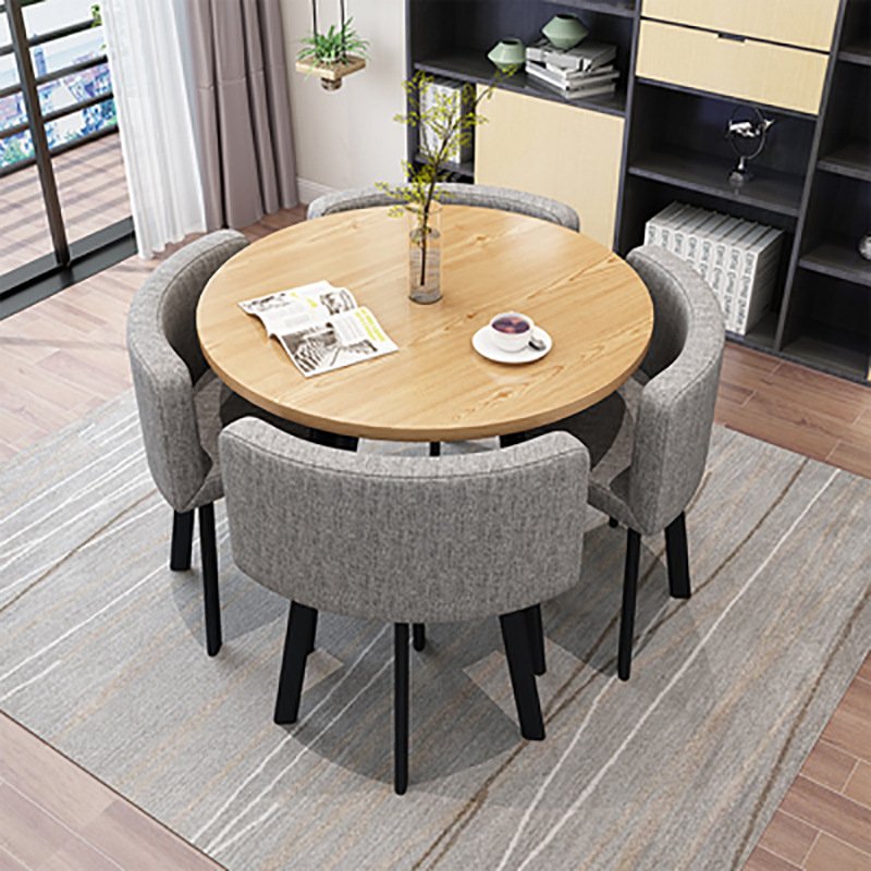 For Small Space 5Pcs Round Dining Table and Linen Fabric Chairs Set Modern for Home Restaurant Wooden Dining Table Set 4 Chairs