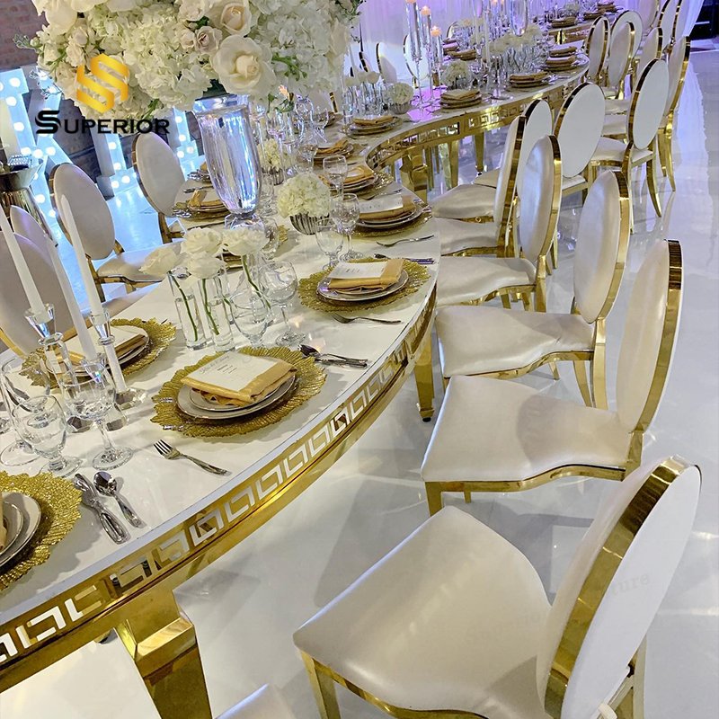 Party rental s-shaped serpentine wedding table gold legs with glass top