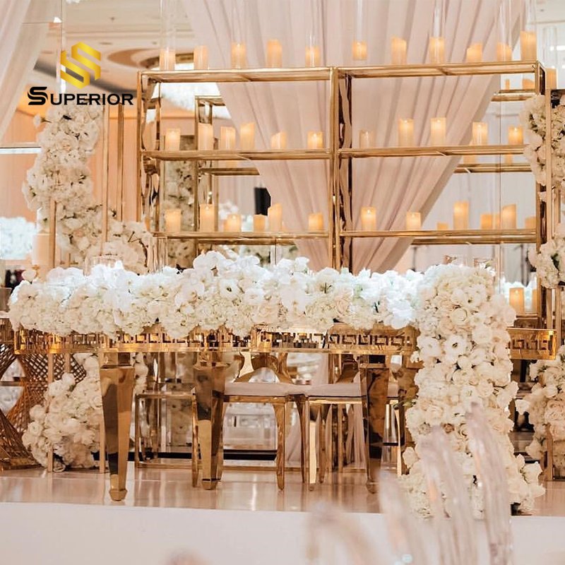Party rental s-shaped serpentine wedding table gold legs with glass top