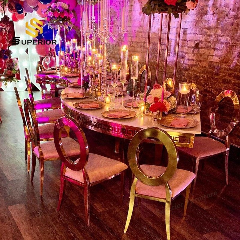 Party rental s-shaped serpentine wedding table gold legs with glass top