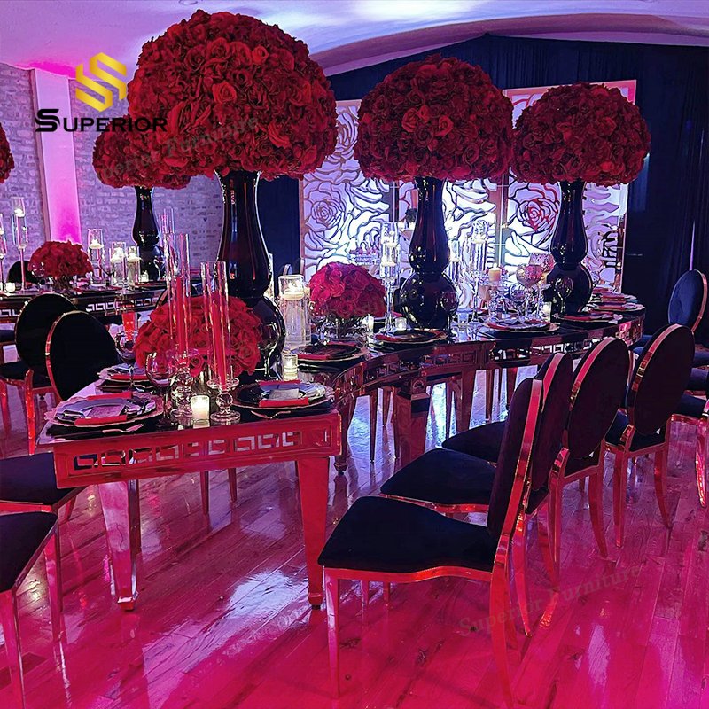 Party rental s-shaped serpentine wedding table gold legs with glass top