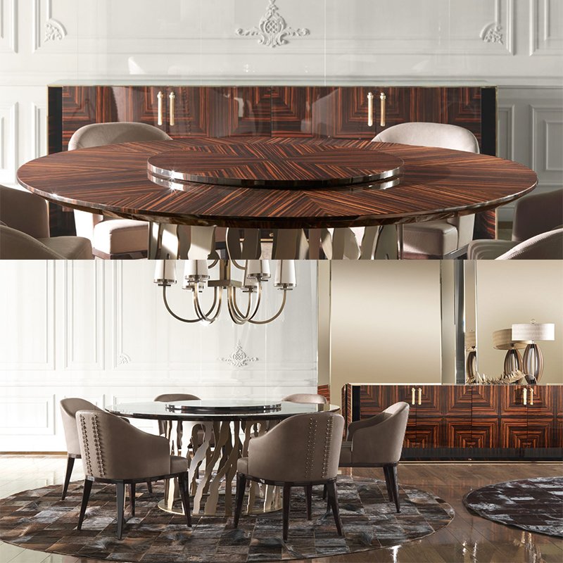 Modern custom home furniture stainless steel base metal Interior round wooden top dining room tables and chairs set