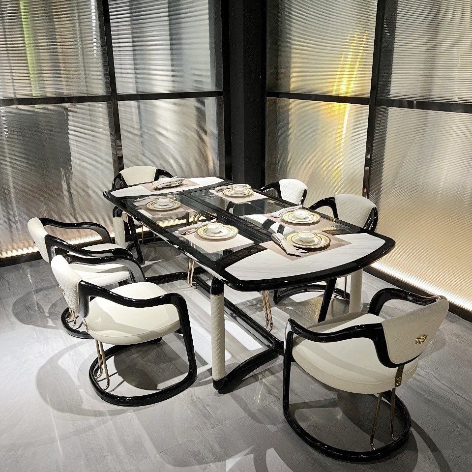 MR Light Luxury High-end Beech Wood base with Marble Dining Table With 6 Chairs Luxury Villa Dining Room Sets Furniture