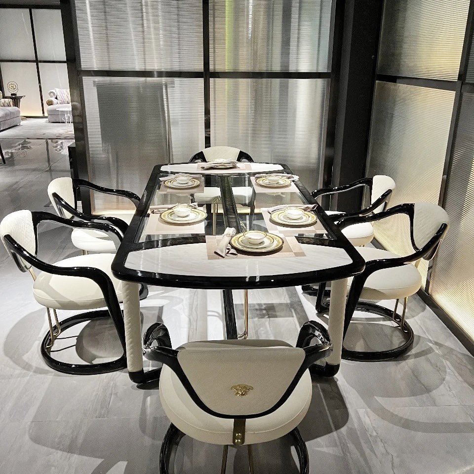 MR Light Luxury High-end Beech Wood base with Marble Dining Table With 6 Chairs Luxury Villa Dining Room Sets Furniture